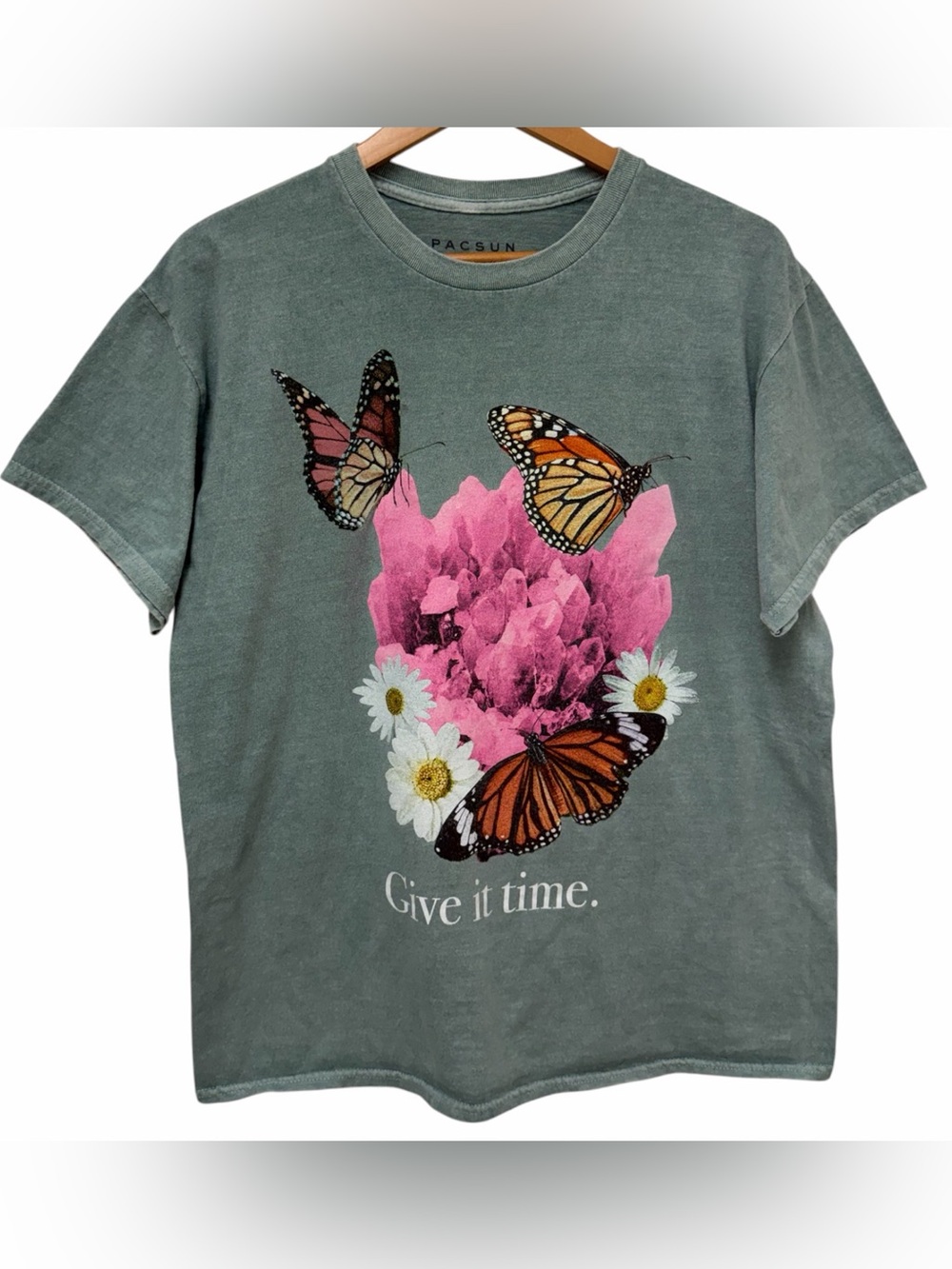 PACSUN Mineral Wash Boxy Butterfly Crystal Graphic Tee “Give it Time”